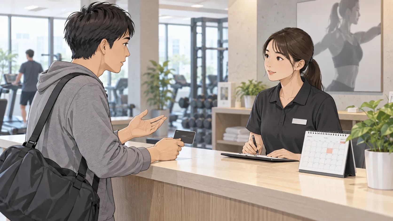 ジムの受付で会員登録の終了について相談する人