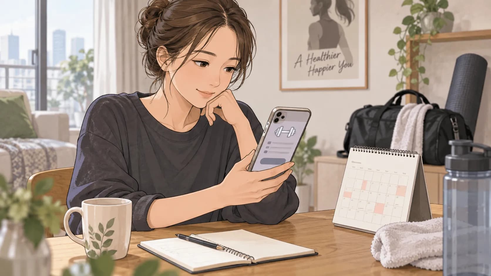 スマートフォンでジム会員の解約手順を確認する人