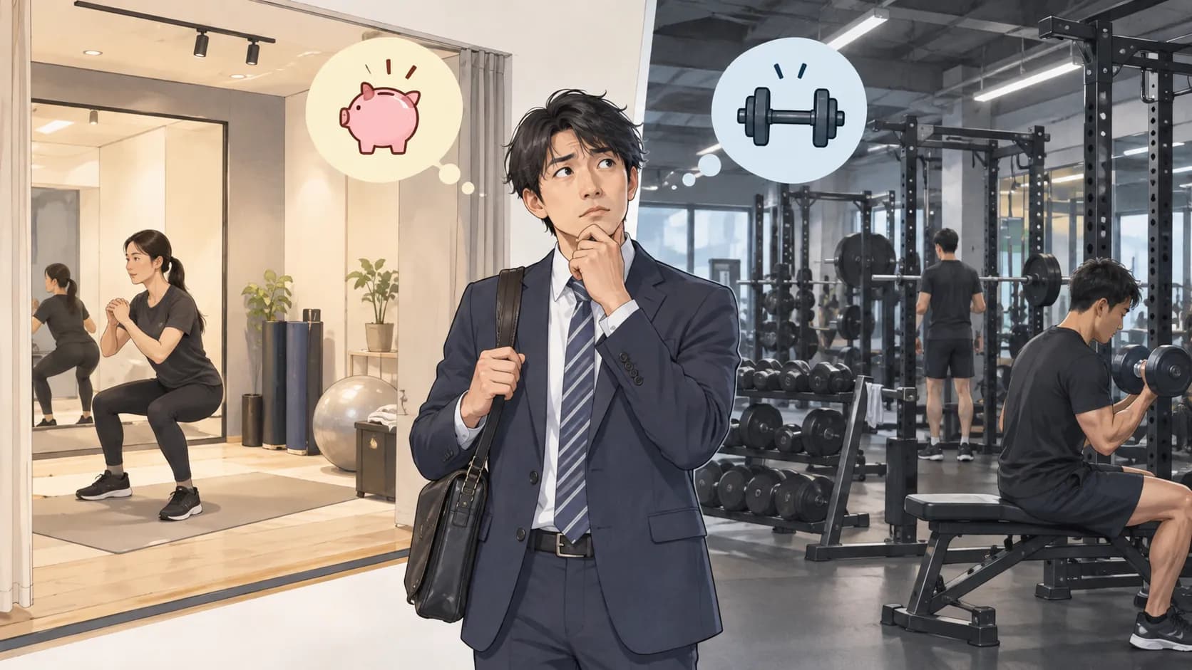 短時間で使える小型ジムとフリーウェイトのある24時間ジムを比べる男性