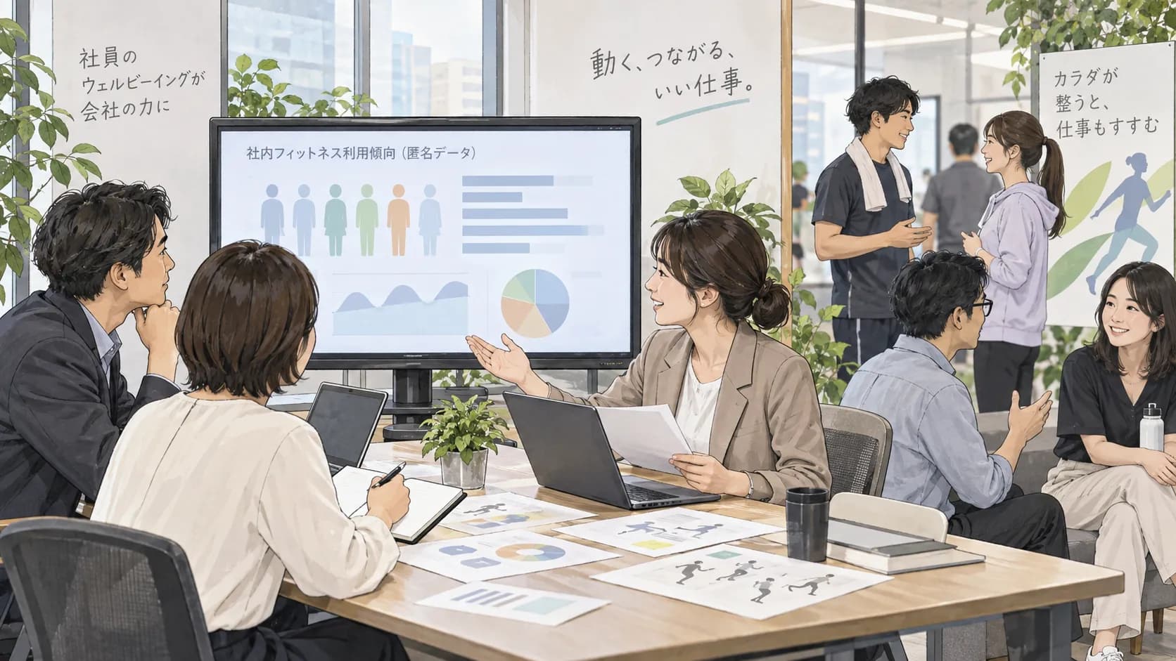 フィットネス福利厚生の利用状況を見ながら話し合う担当者たち