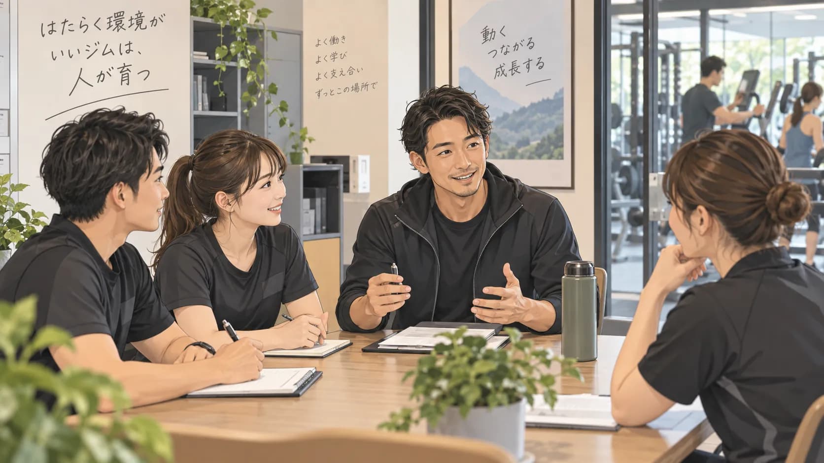 ジムのスタッフと働き方について話すマネージャー