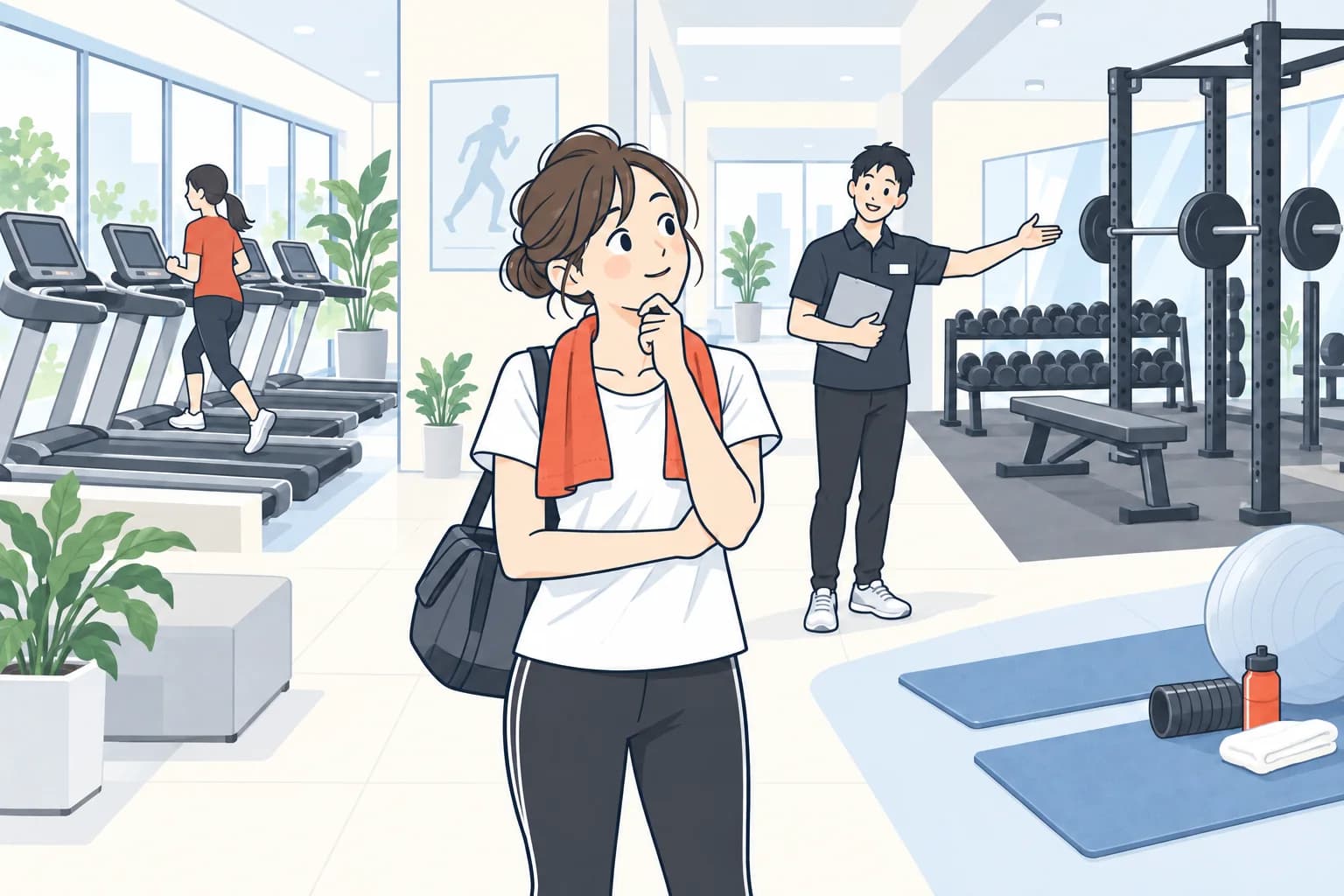 A first-time gym visitor comparing cardio machines, free weights and stretching areas