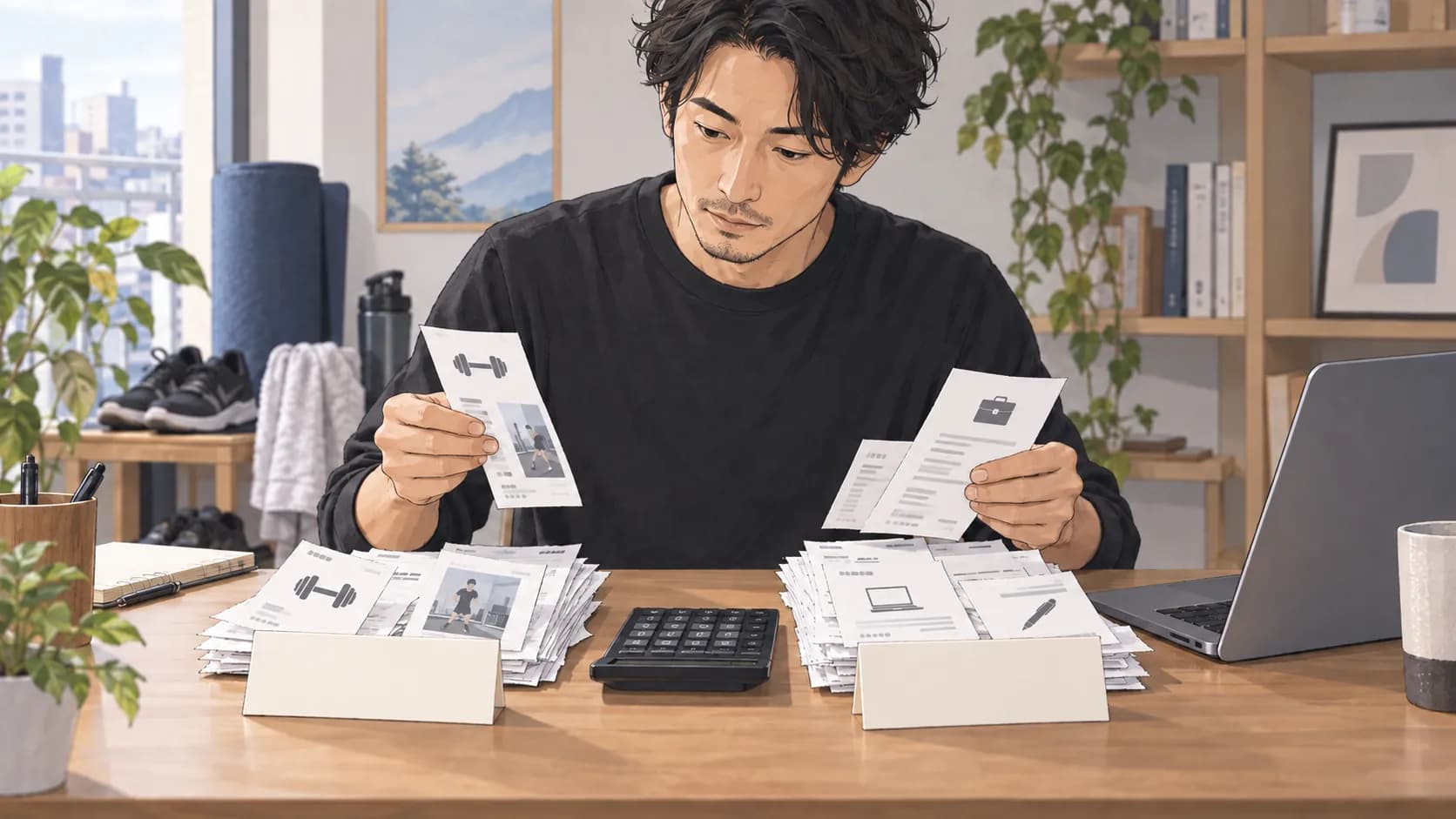 個人事業主がジム会費の領収書と事業の書類を分けて整理する様子