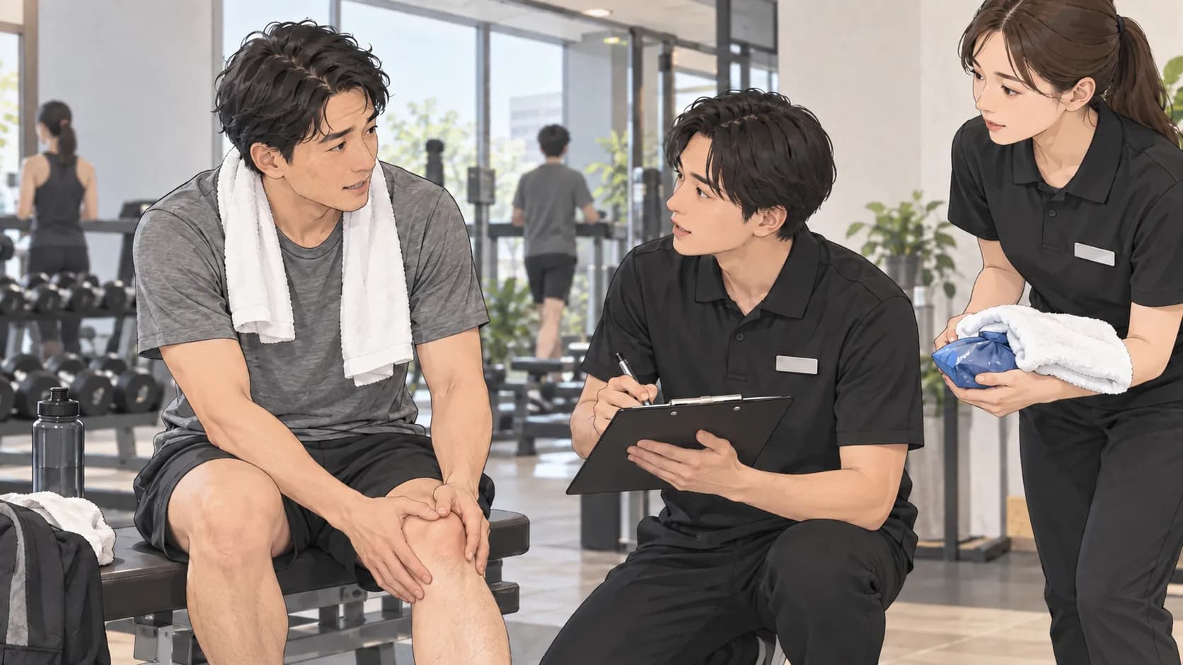 ジムでのけがについてスタッフに状況を伝える人