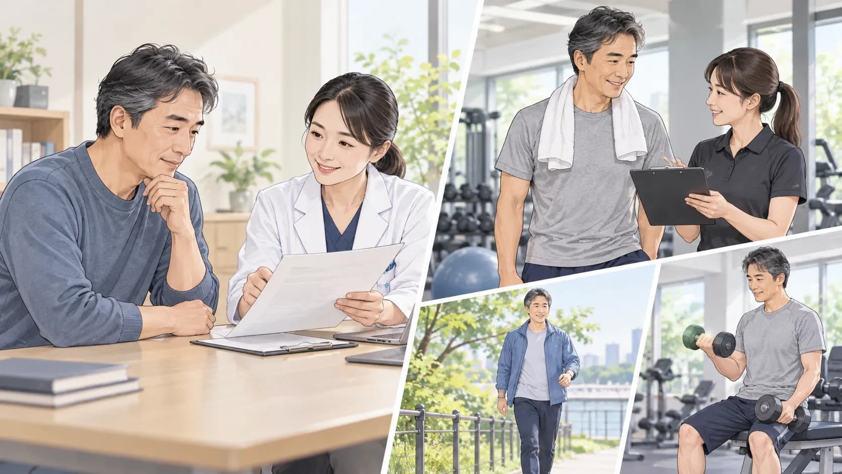 健康診断の結果を相談しながら運動計画を考える人