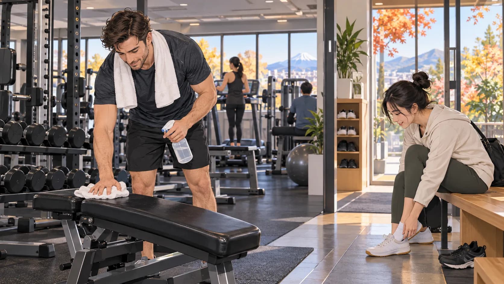 A gym visitor wiping equipment after use while another member changes shoes