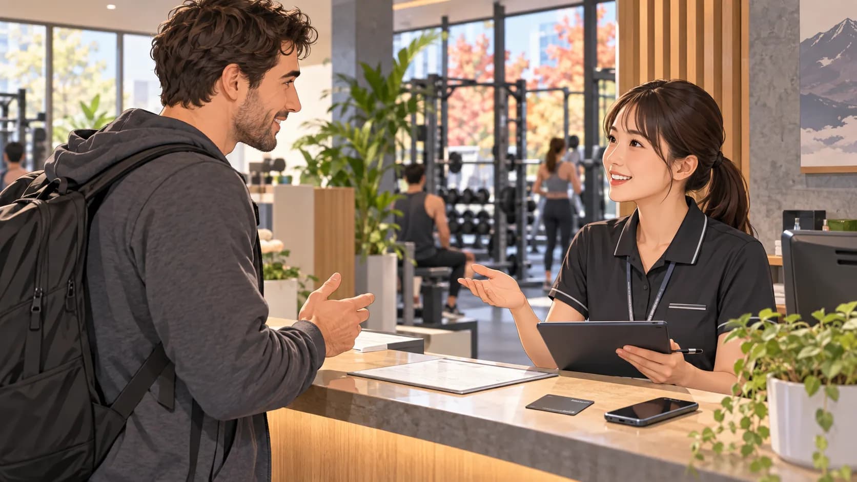 A newcomer speaking with gym reception staff about joining in Japan