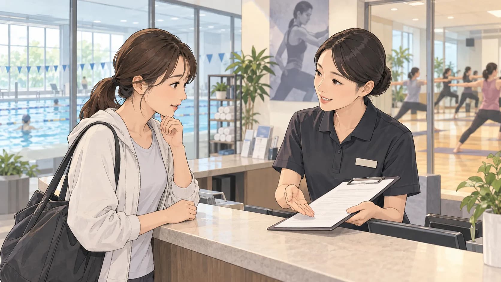 総合スポーツクラブの受付で退会手続きを確認する会員