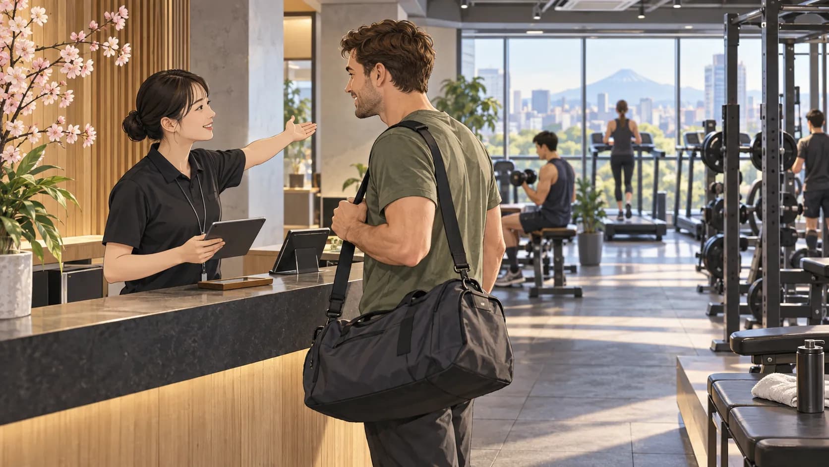 A traveler asking gym staff about a single-day visit in Japan