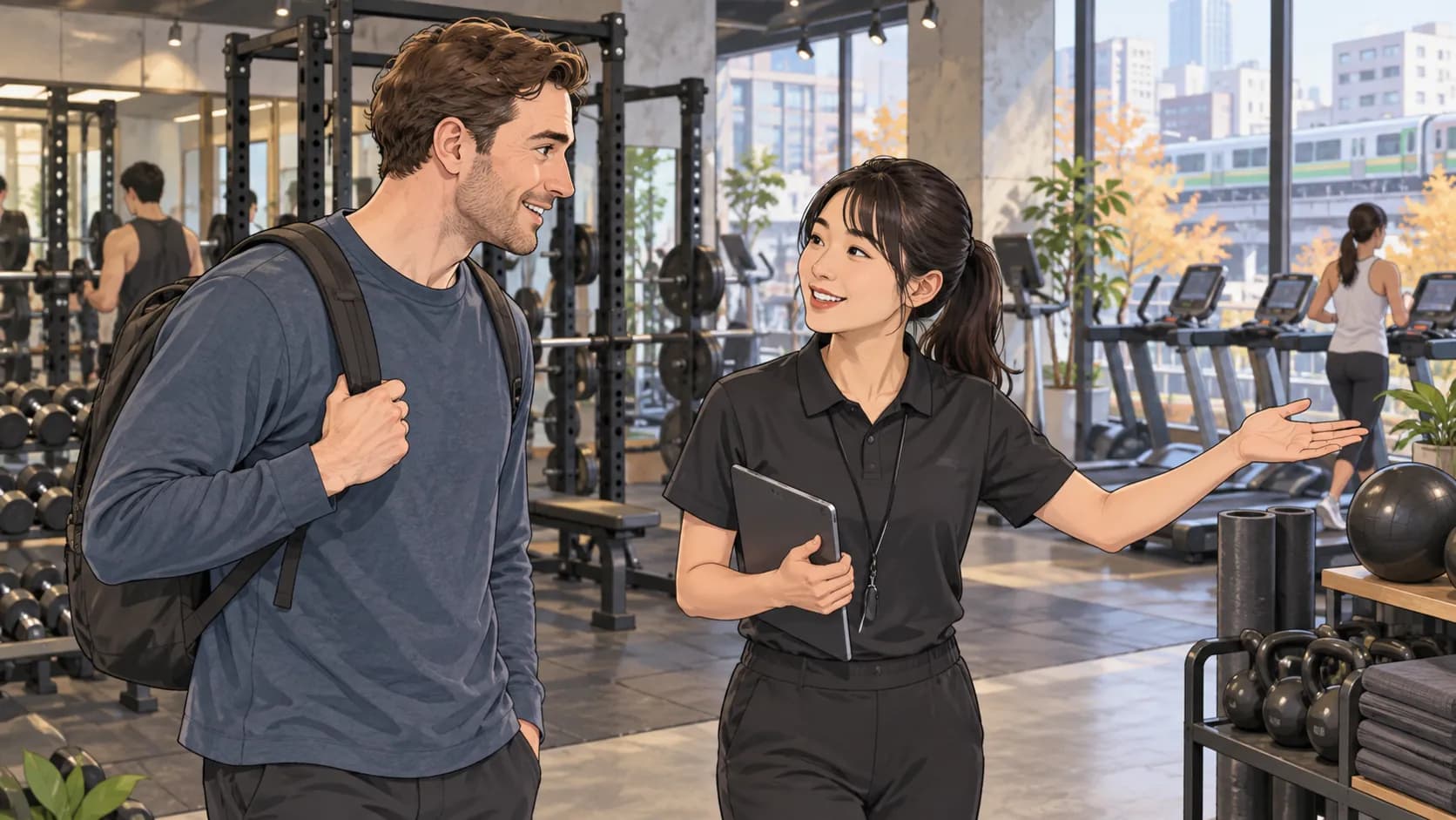 An English-speaking visitor touring a Tokyo gym with a staff member