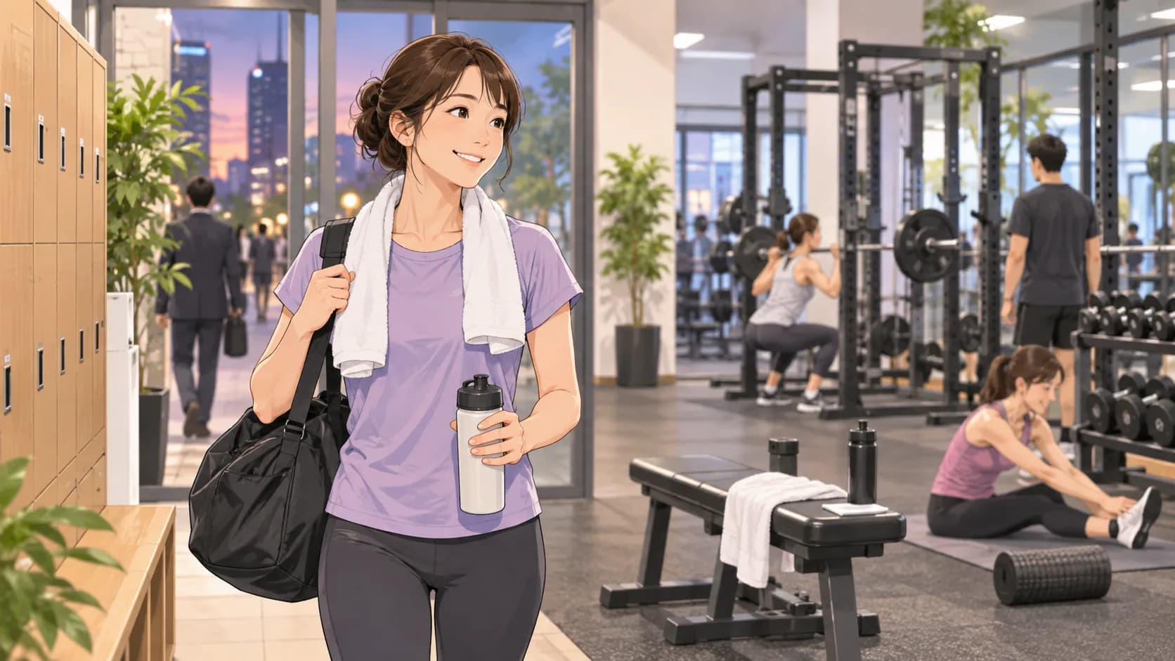 仕事帰りに短時間の運動をする30代女性