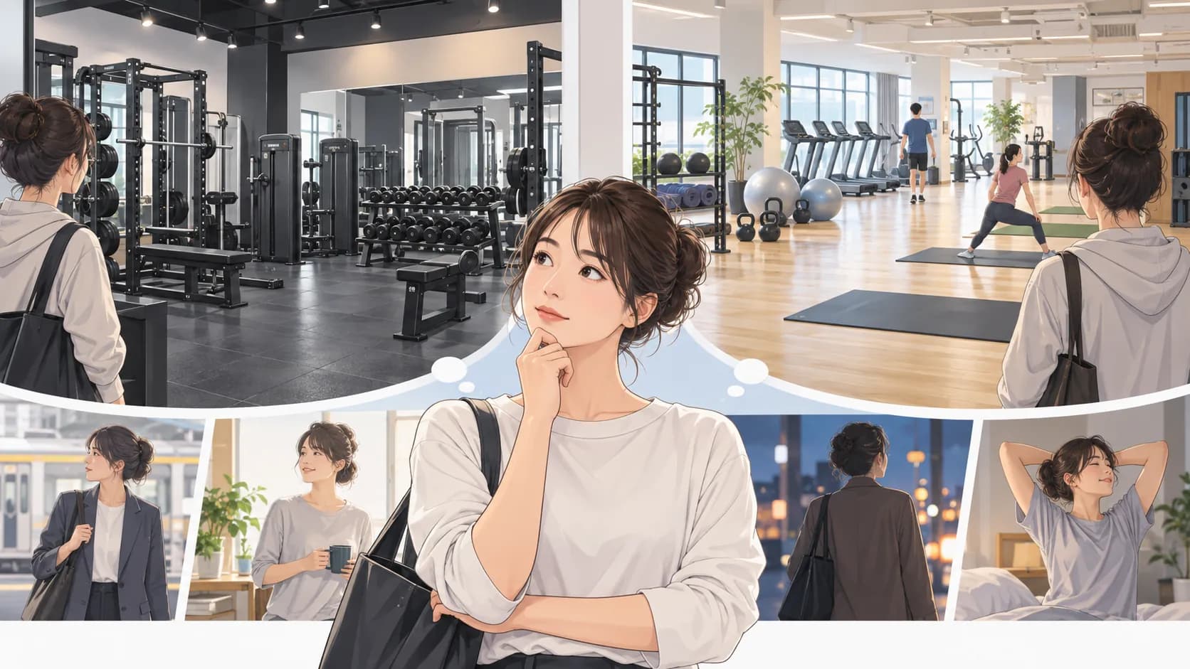 二つの24時間ジムの設備や雰囲気を見比べる女性