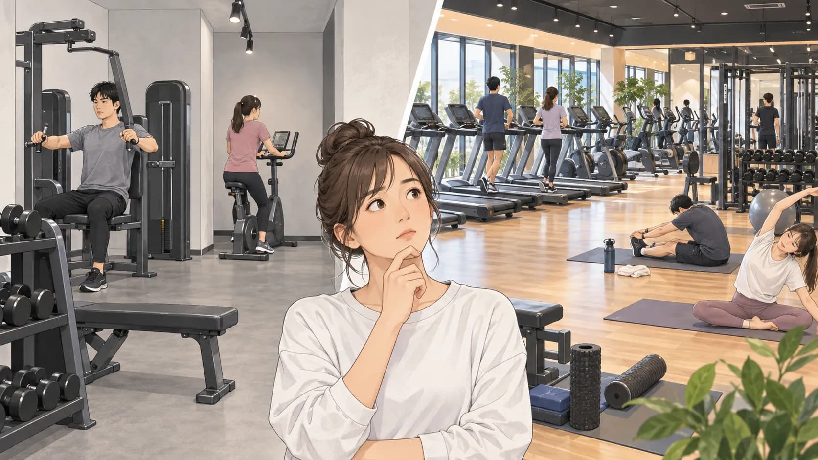 小型のセルフジムと広いトレーニングエリアを見比べる女性
