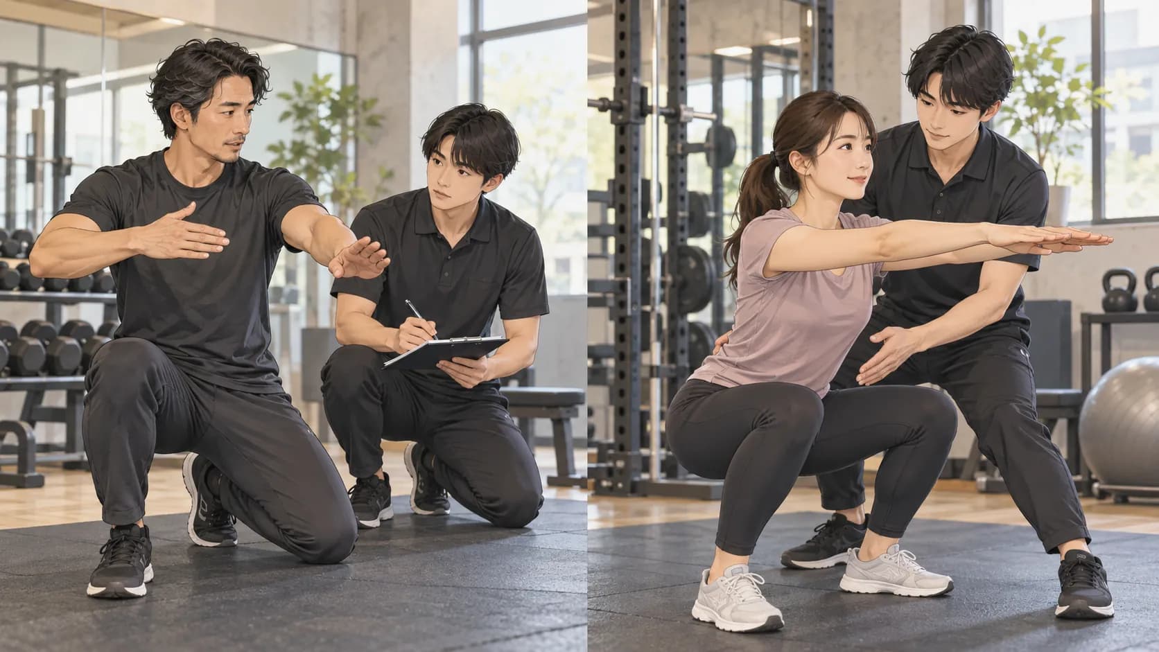 先輩トレーナーから指導方法を学ぶパーソナルトレーナー志望者