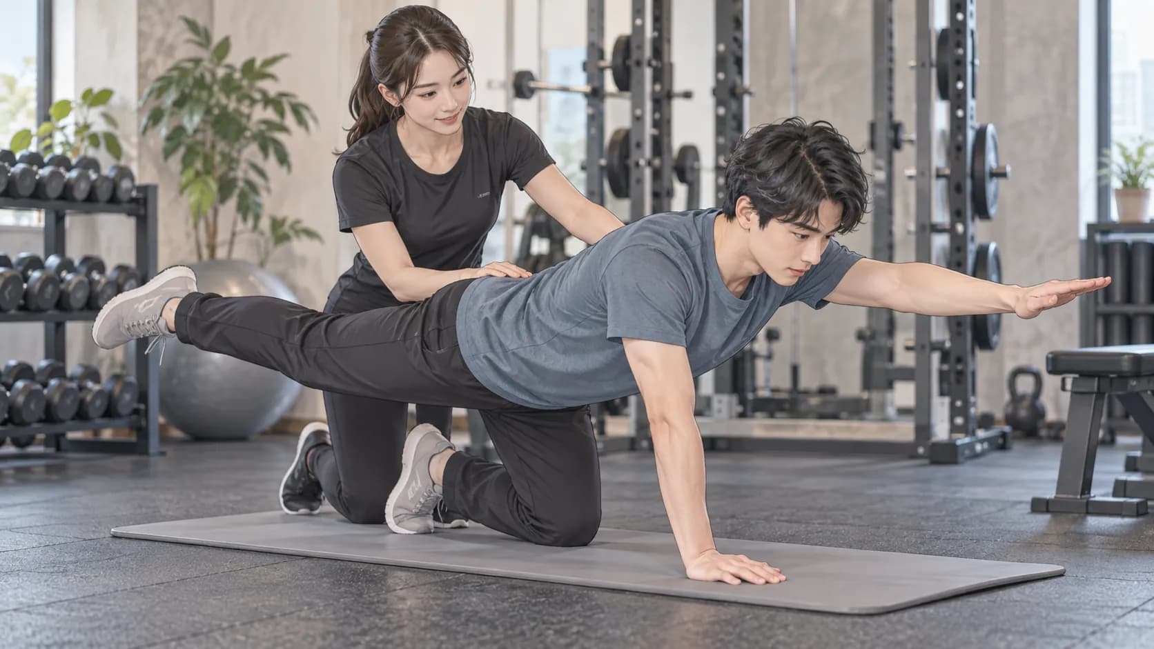 トレーナーと背中や体幹の動きを確認する人