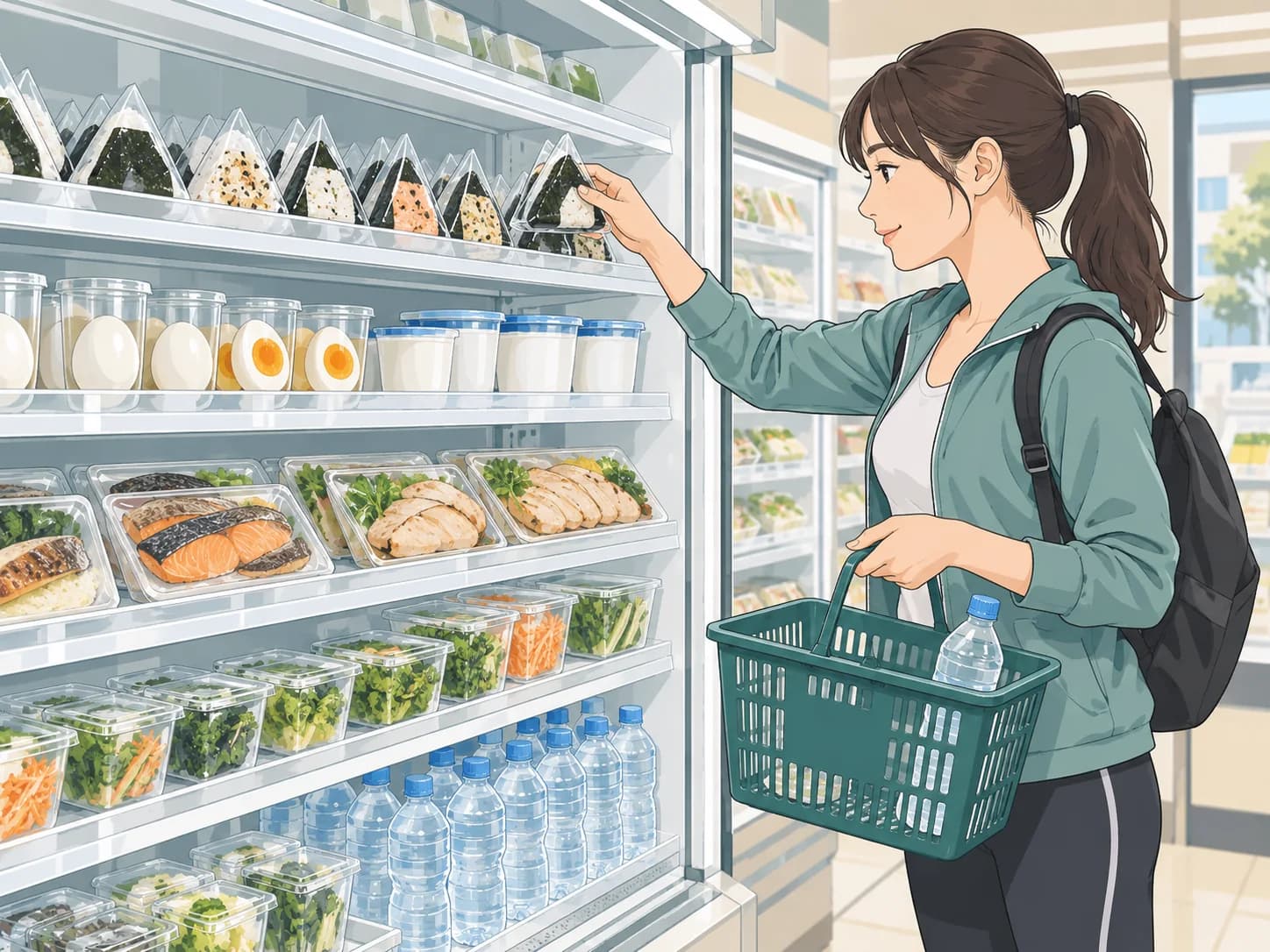 A shopper choosing rice balls, eggs and fish at a Japanese convenience store