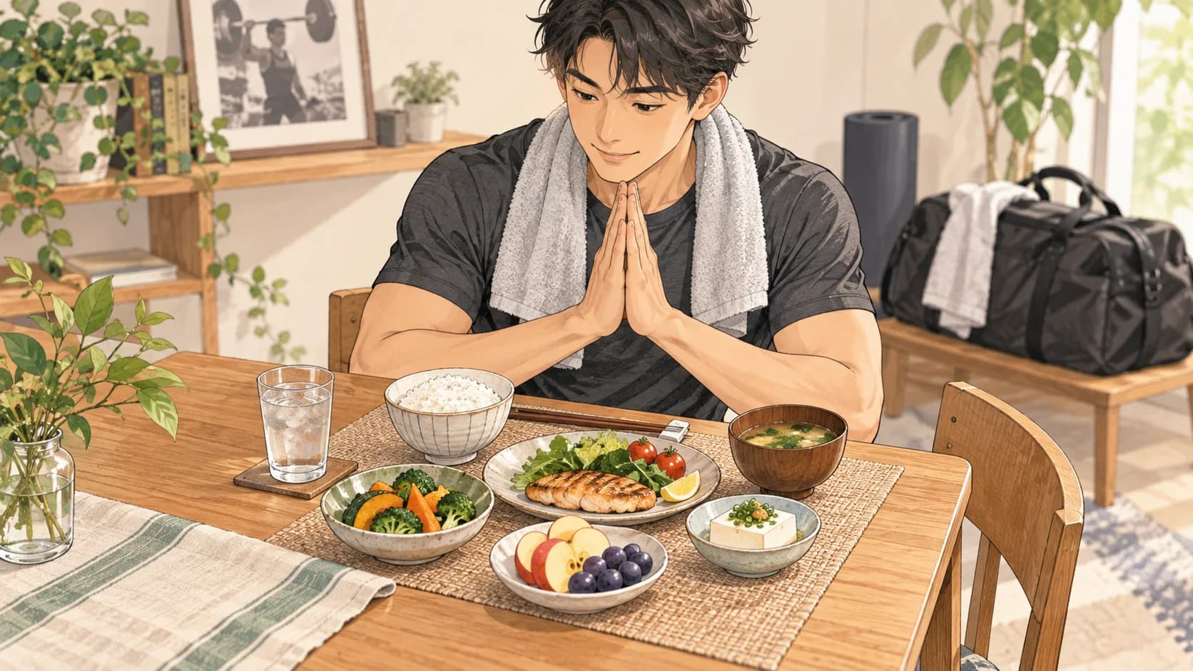 A gym-goer sitting down to a meal of rice, fish, vegetables and tofu